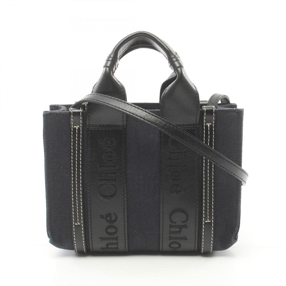 Chloé Chloe WOODY Handbag Canvas Leather Women's Navy Black - Picture 2 of 9